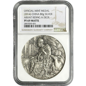 80 g Silver ARHAT RIDING A DEER Medal PF69 2014 China
