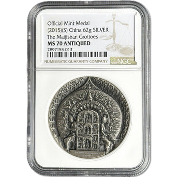 2 oz Silver THE MAIJISHAN GROTTOES Official Mint Medal MS70 2015 China