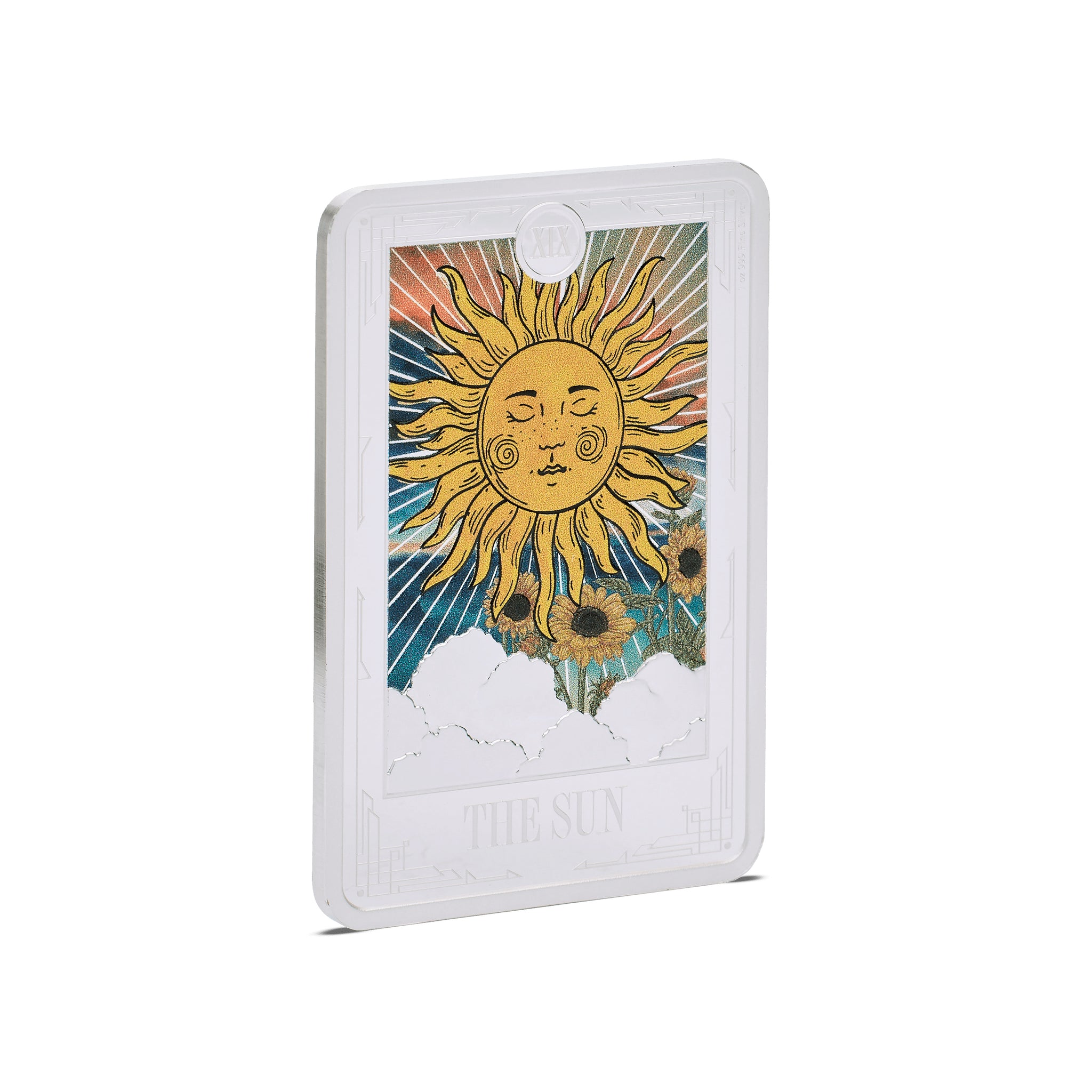 1 oz Niue Tarot Sun Coin in fine silver featuring a vibrant, detailed Tarot-inspired design with gold accents. A unique collectible with investment appeal.