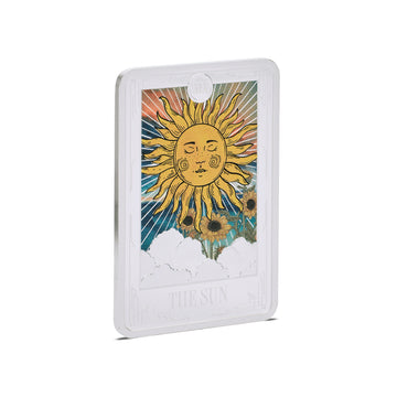 1 oz Niue Tarot Sun Coin in fine silver featuring a vibrant, detailed Tarot-inspired design with gold accents. A unique collectible with investment appeal.