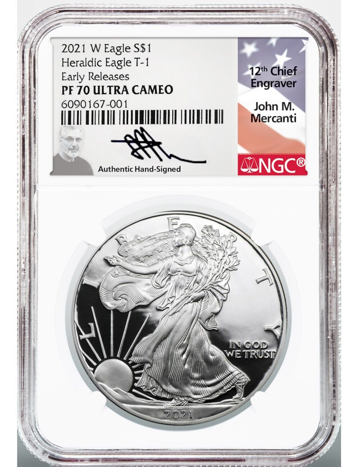 2021-W American Silver Eagle Proof NGC PF 70 UC Mercanti Signed Type 1 Heraldic - Coinzio