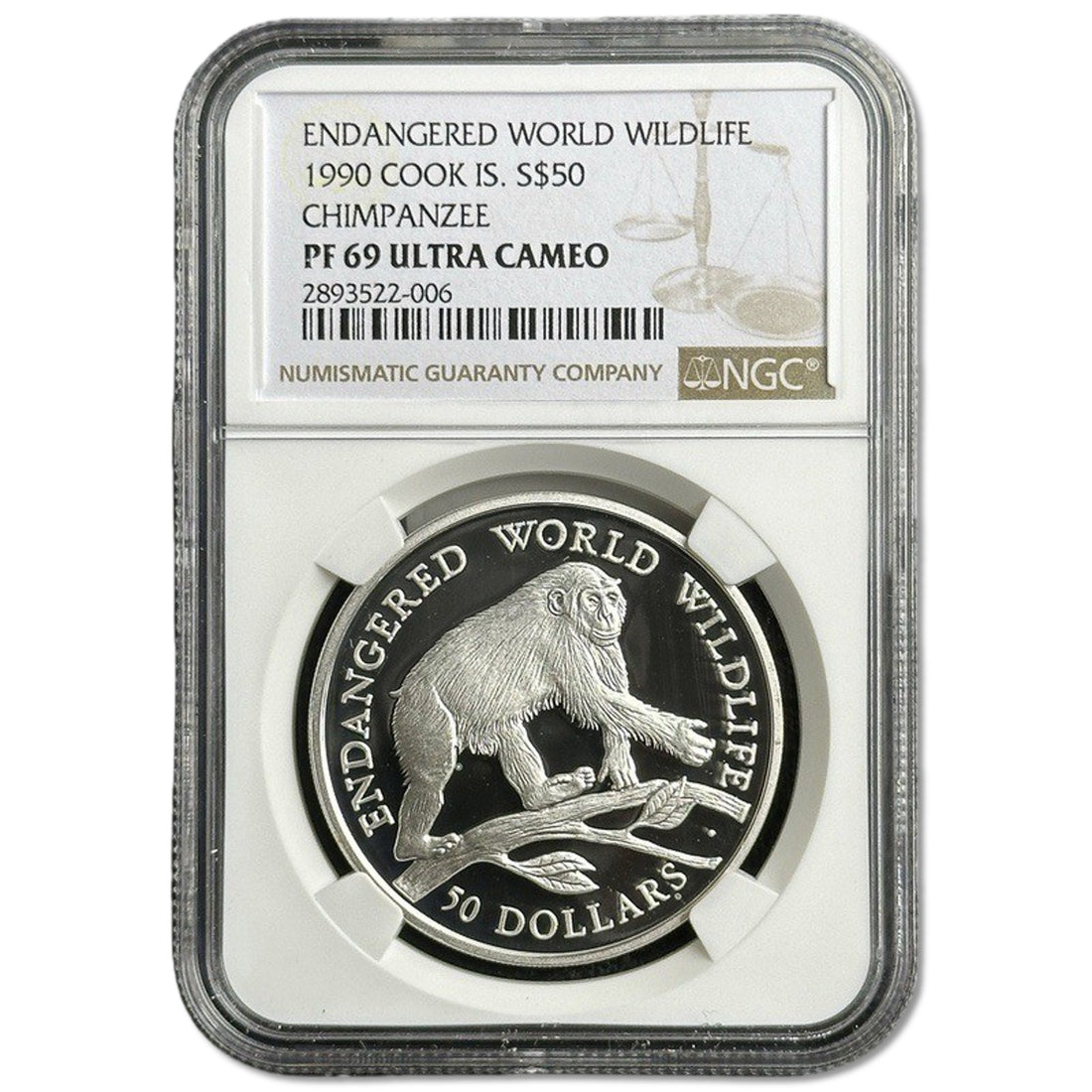 2 oz Silver CHIMPANZEE Endangered World Wildlife Coin PF69 1990 Congo - Coinzio