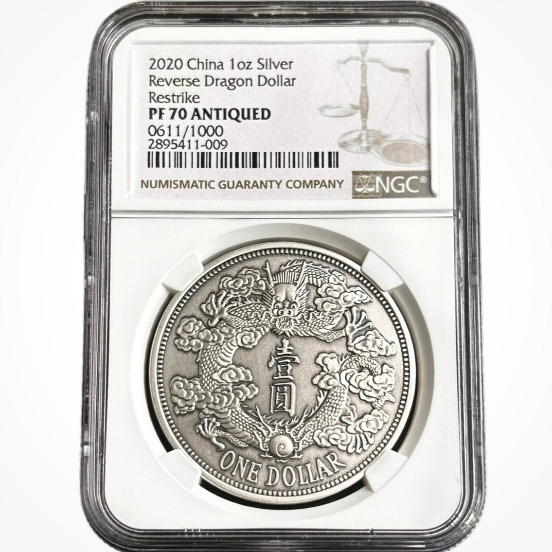 1 oz Silver REVERSE DRAGON DOLLAR RESTRIKE Medal Antiqued PF70 2020 China