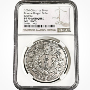 1 oz Silver REVERSE DRAGON DOLLAR RESTRIKE Medal Antiqued PF70 2020 China