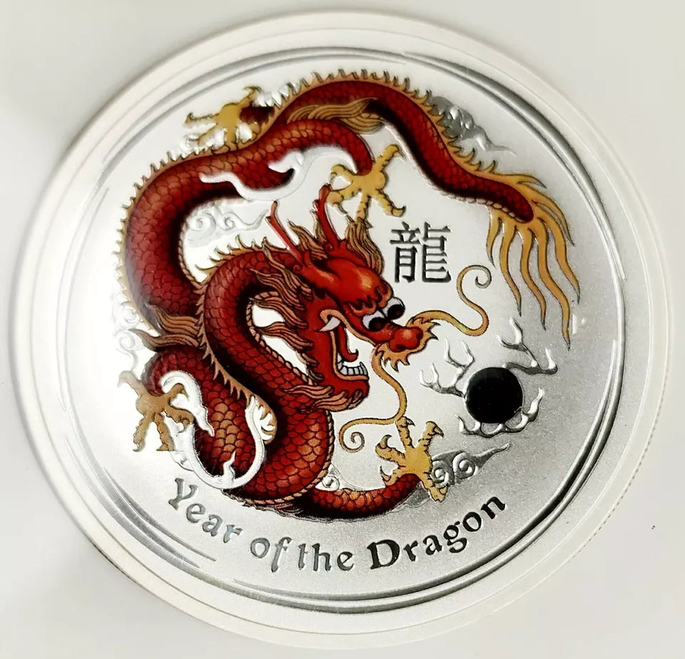 1 oz Silver RED-ORANGE COLORIZED YEAR OF THE DRAGON Coin MS70 2012 Australia