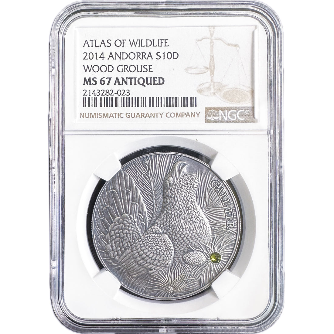 1 oz Silver WOOD GROUSE Atlas of Wildlife Coin 2014 MS67 Andorra