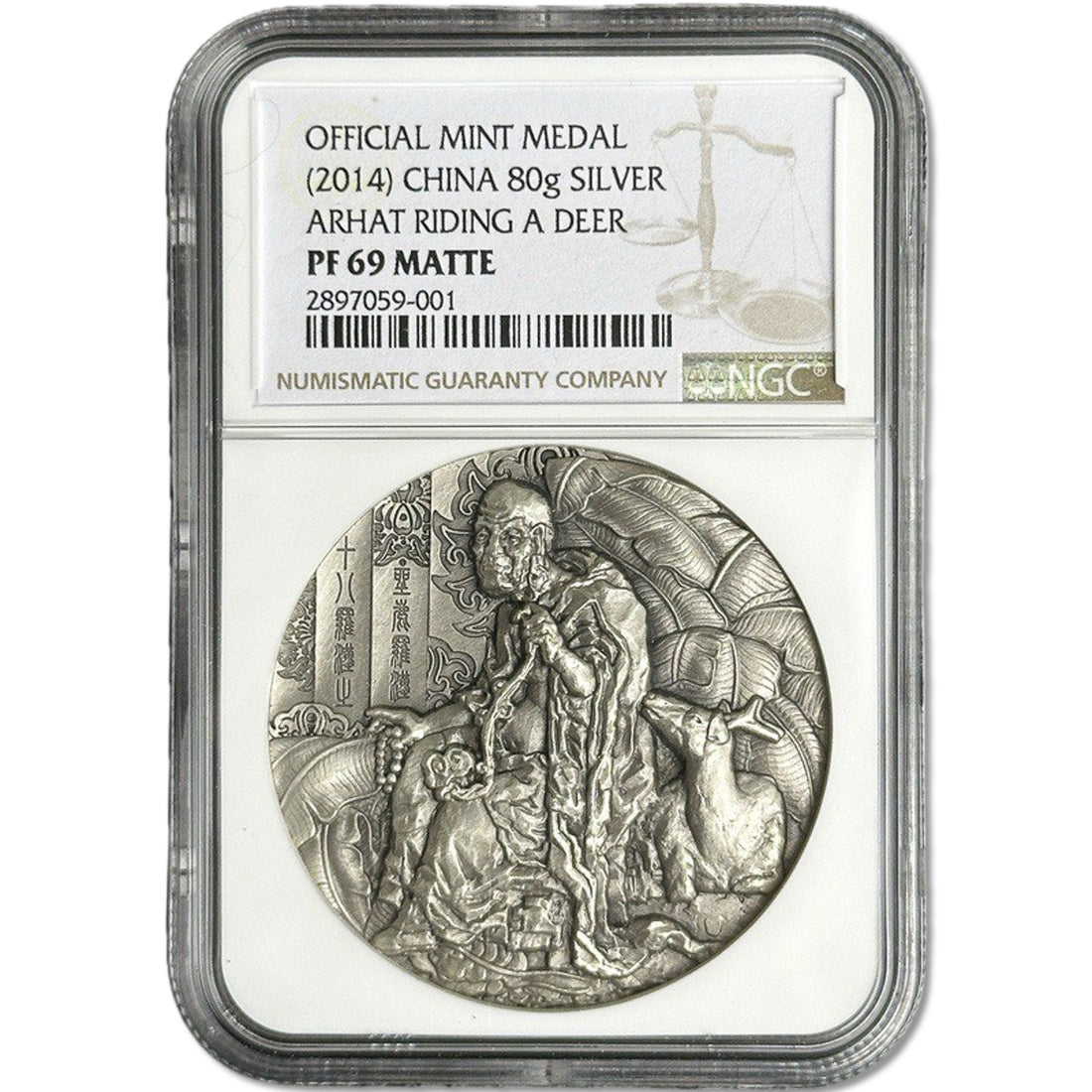 80 g Silver ARHAT RIDING A DEER Medal PF69 2014 China