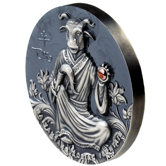 3 oz Silver ZODIAC FOUNTAIN OX HAIYANTANG Coin PF70 2021 Bhutan - Coinzio