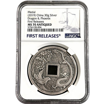 30 g Silver DRAGON & PHOENIX Medal MS70 2019 China