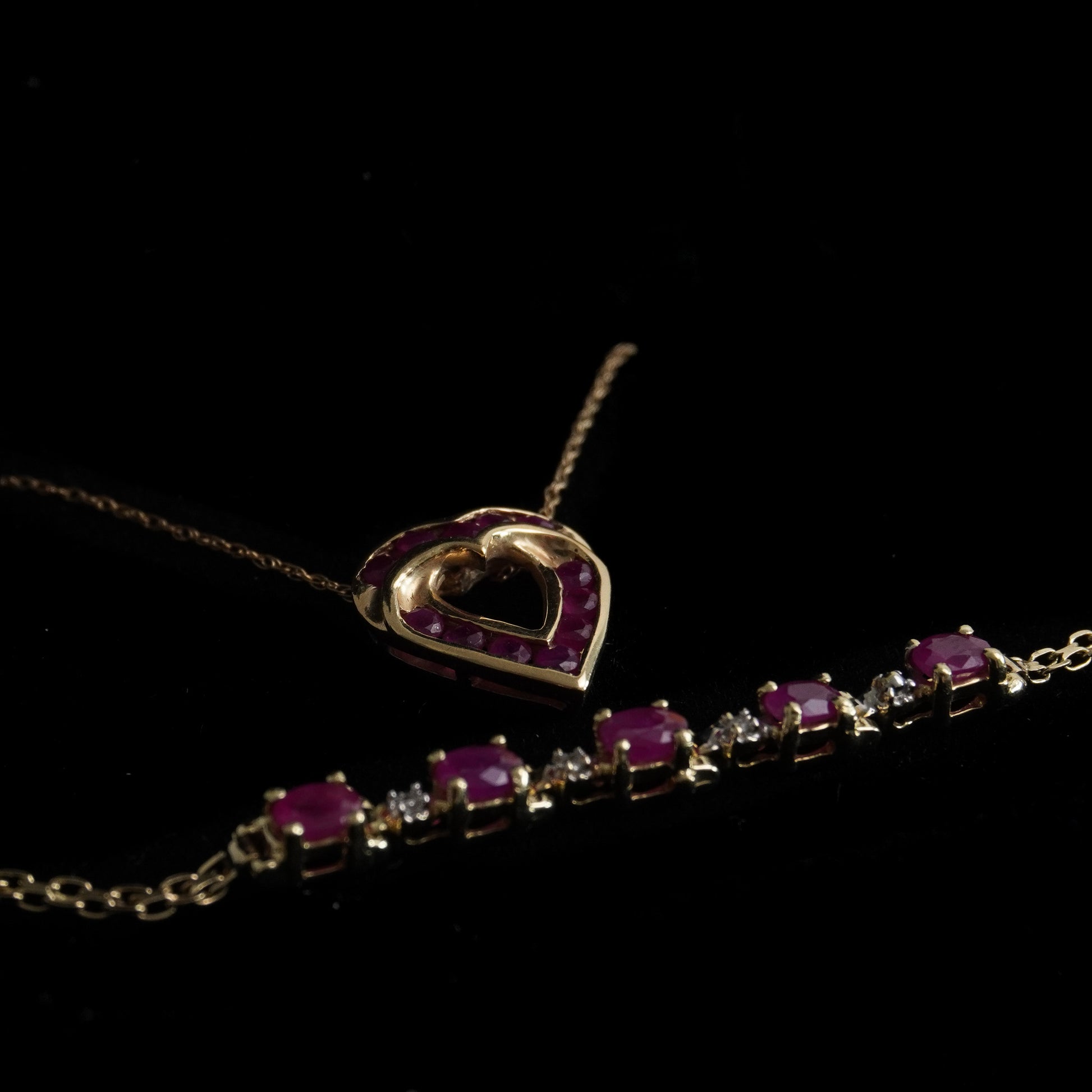 THE HEARTFIRE RUBY SET | 14K Gold & Ruby Jewelry Collection - Necklace, Bracelet & Earrings